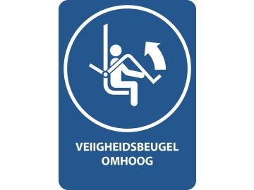 Veiligheidsbeugel op skistoeltjeslift omhoog doen, met tekst